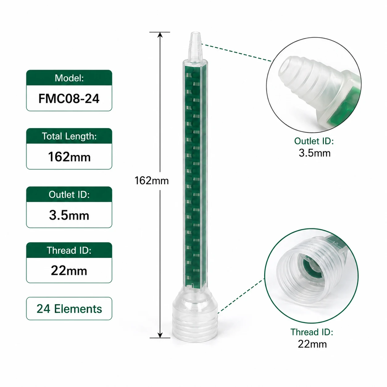10/20Pcs, FMC08‑24 Static Mixing Tube 162mm Length 24‑Element Square Mixing Nozzle for AB Epoxy Resin Glue Dispensing Applicator