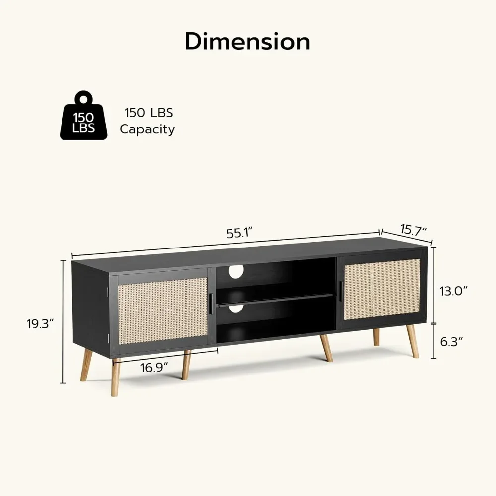 TV Stand for TVs up to 65'', Entertainment Center with Rattan Door, Shelves & 2 Cabinets, Boho Media TV Console for Living Room