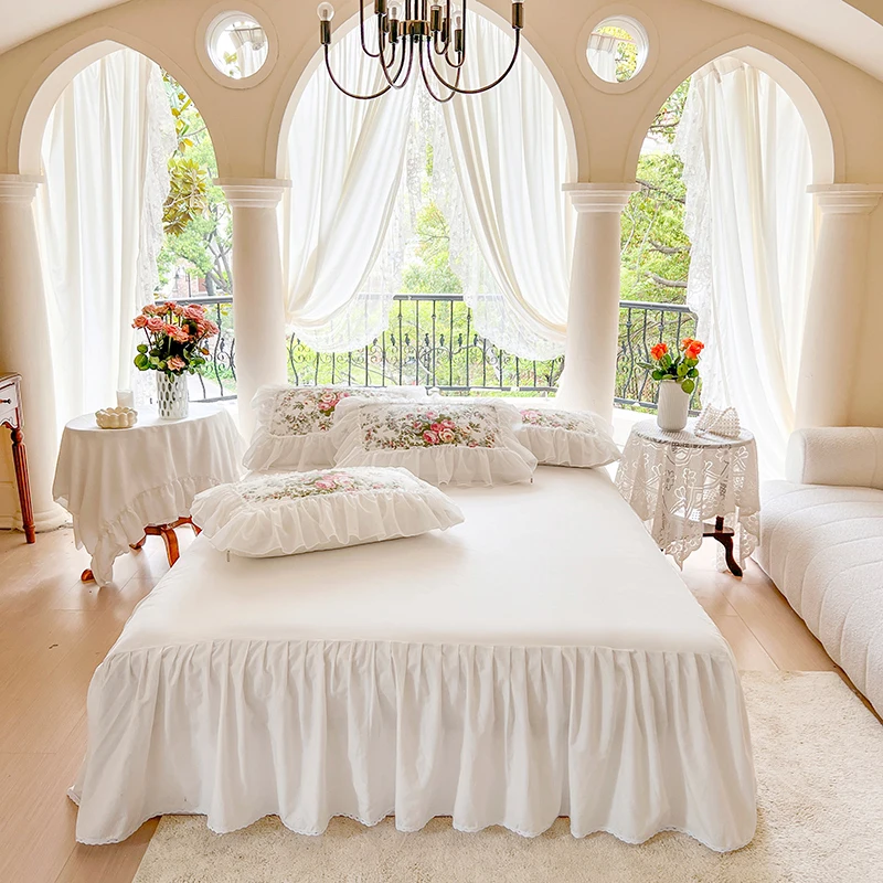 4/6Pcs Rose Flowers Print Bedding Set Korean Style 100%Cotton Princess Lace Ruffles Duvet Cover Bed Skirt Bedspread Pillowcases
