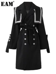 [EAM] Women Black Color-block ButtonTrench New Lapel Long Sleeve Loose Fit Windbreaker Fashion Tide Spring Autumn 2024 1DH3209