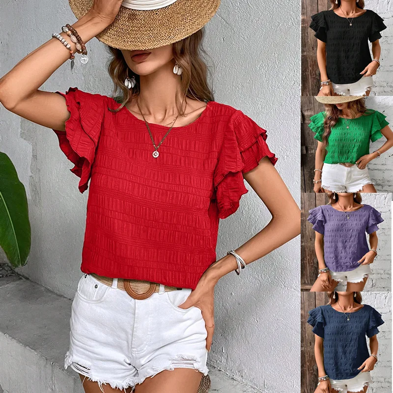 

2025 New Women's Top Lotus Leaf Sleeve Summer Pullover Fashion T-shirt Red Black Street Tees