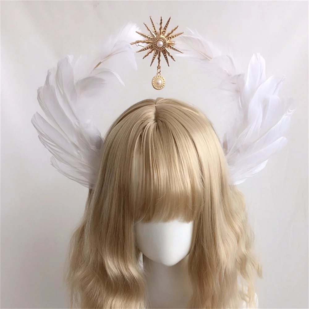 Lolita Sun Halo Crown Headpiece Tassel Bead Chain Angel Wings Rose Spiked Headband Gothic Vintage Mary Baroque Tiara Headwear