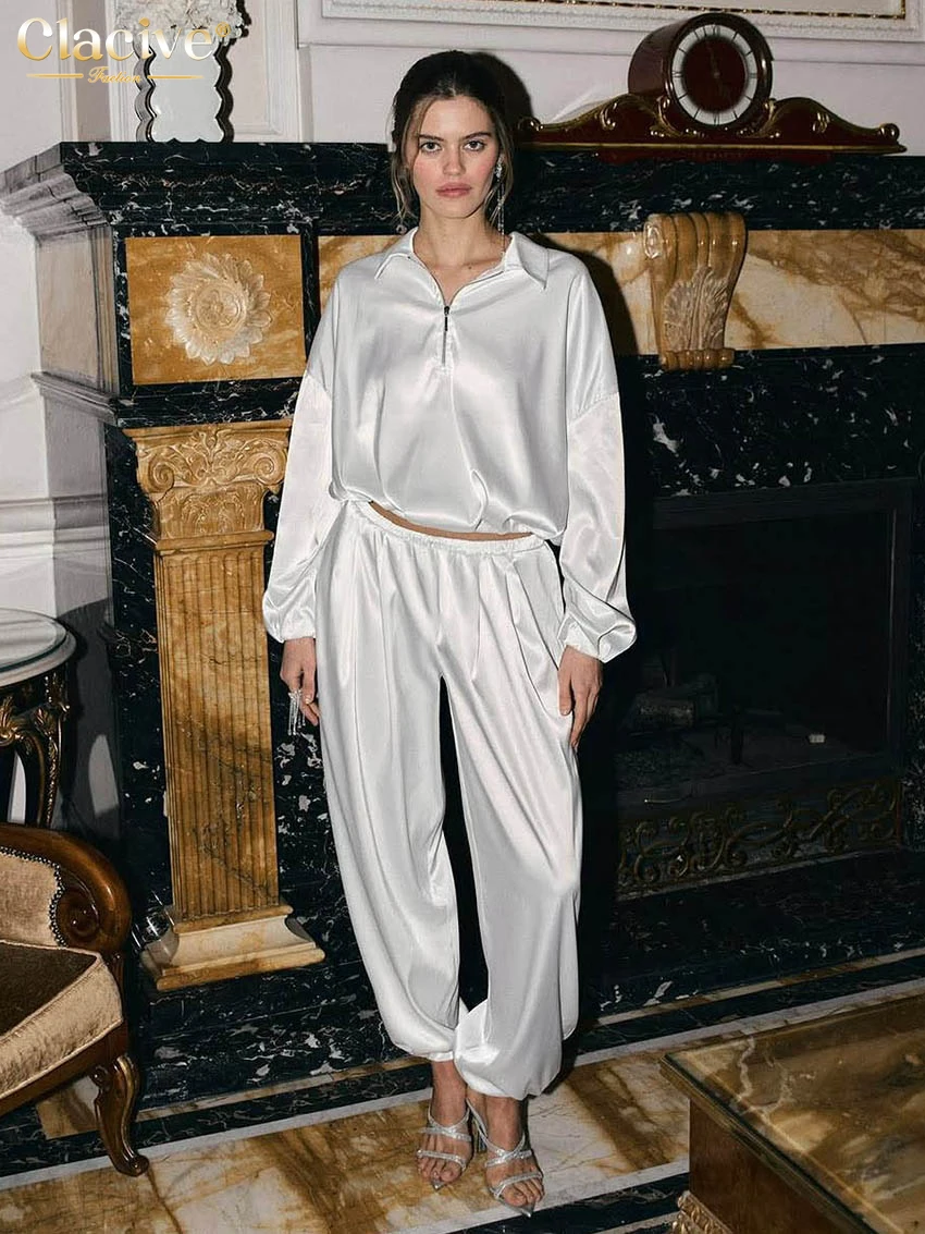 

Clacive Fashion Loose Pink Satin 2 Piece Set Women 2026 Elegant Long Sleeve Shirt With High Waist Wide Pants Set Female Clothing