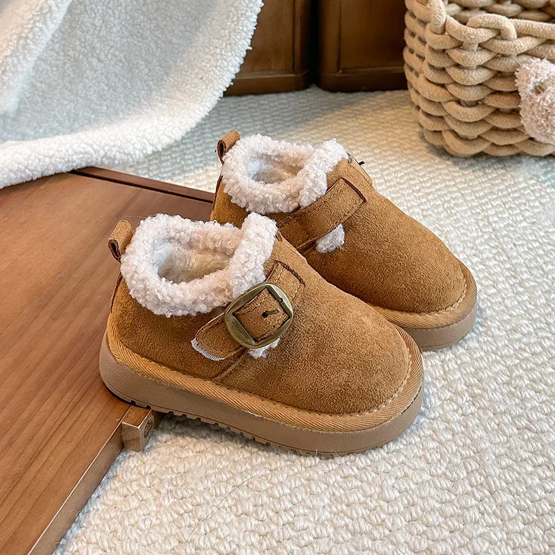 Toddler Adjustable Buckle Winter Warm Cotton Shoes, Kids Furry Shearling Trim Anti‑Slip Thick‑Sole Casual Boots