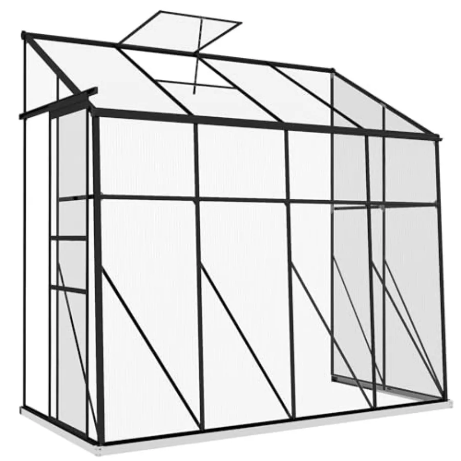 Lean-to greenhouse for backyard use, polycarbonate panels, black frame, 8' x 4', features sliding door and UV protection