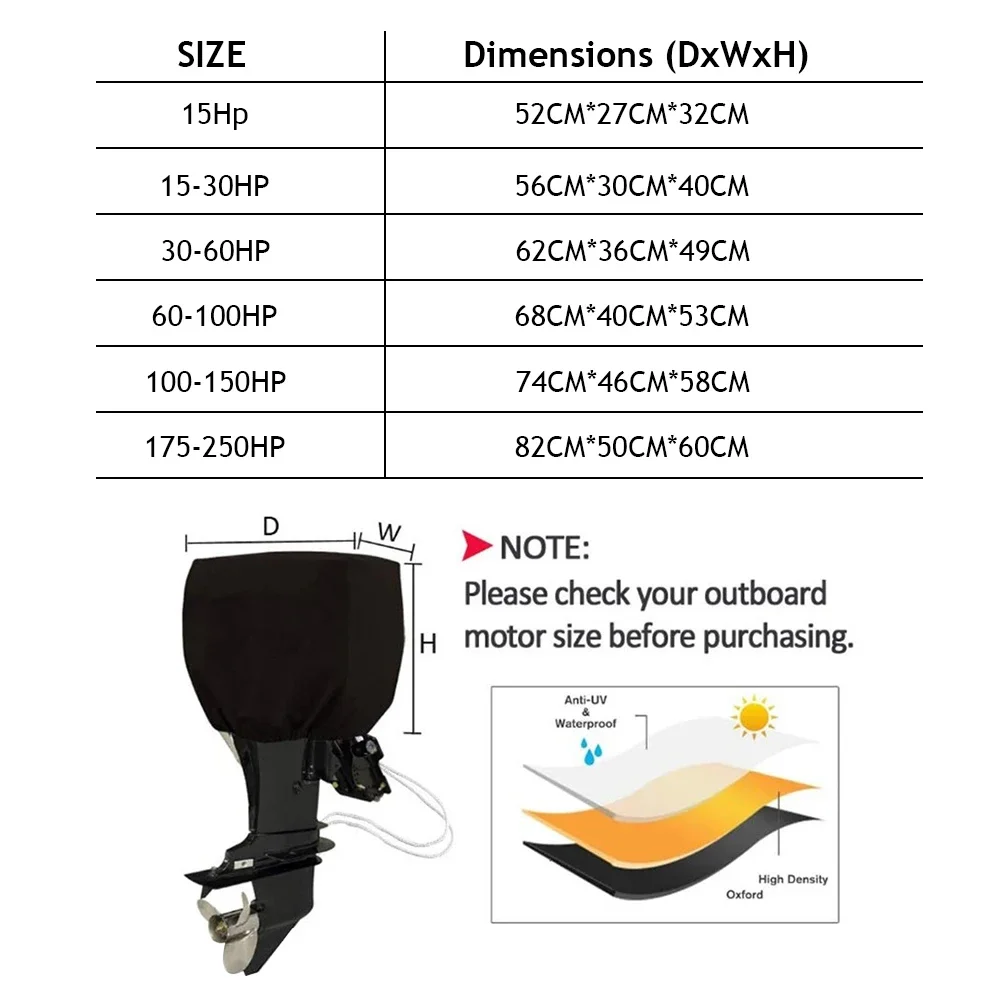 15-250pk Full Outboard Motor Motor Boothoes 210d Waterdicht Anti-Kras Zware Motor Beschermer Motor Zwart Bootstof