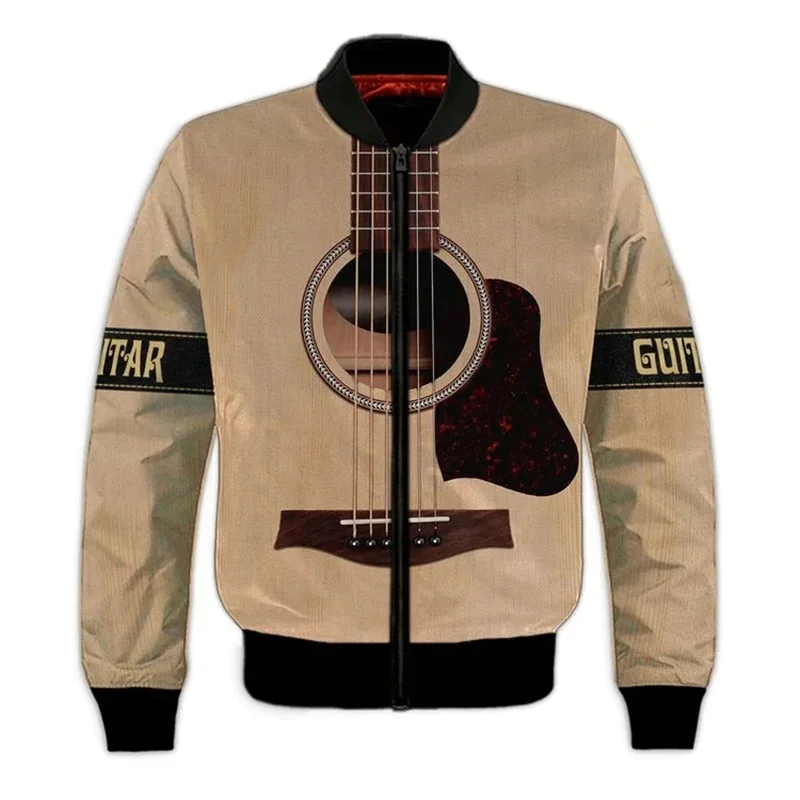 Guitar Pattern Jacket For Men Musical Instrument 3D Print Coat Fashion Casual Sweatshirts Loose Zipper Jackets Tops Long Sleeves