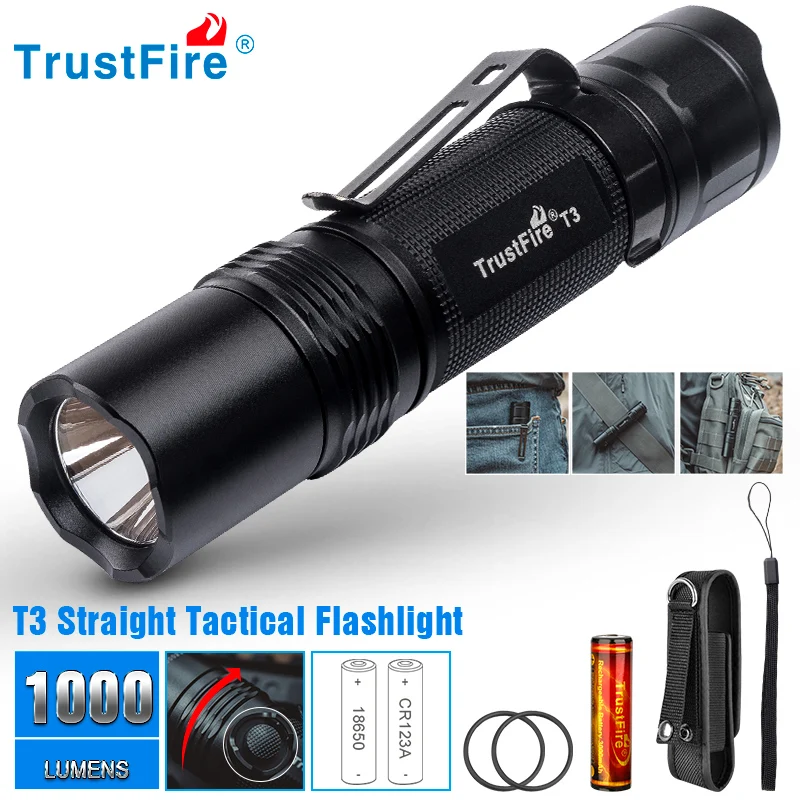 Trustfire T3 Army Tactical Flashlight 18650 CR123 1000 Lumens IPX8 Waterproof Weapons For Self-Defense Pocket Led Torchs Lights