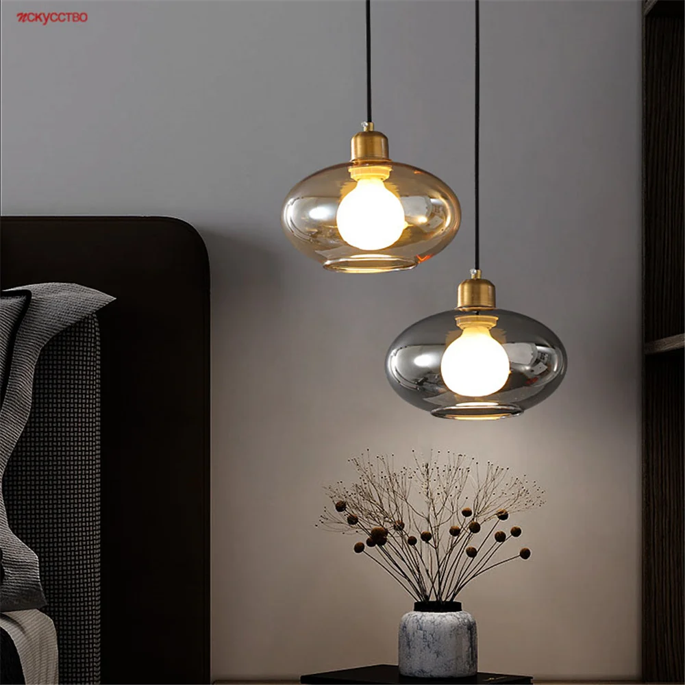 

American Luxury Grey Glass Oval Lantern Led Pendant Lights For Dining Room Table Kitchen Bedroom Bedside Hanging Lamp Fixtures