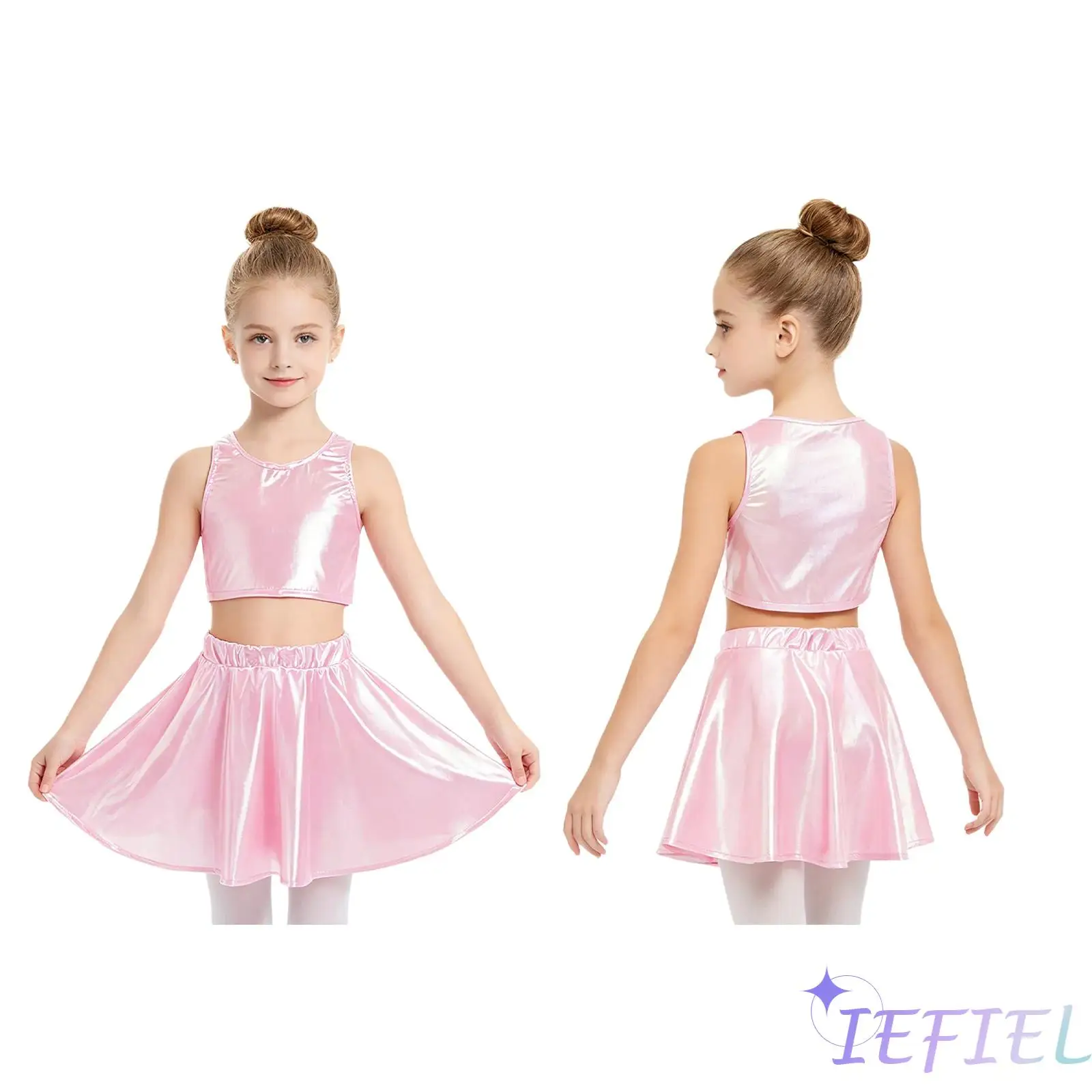

Kids Girls Jazz Street Dance Outfits Metallic Sleeveless Crop Top with Elastic Waistband Skirt for Hip Hop Cheerleading Clothing