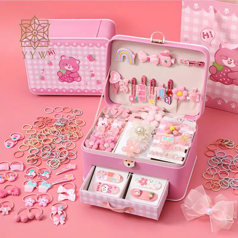 

2023 Child Girls Jewelry Set With Pu Leather Storage Box Candy Colors Hair Clip Hairband Headband Kit Children Festival Gifts