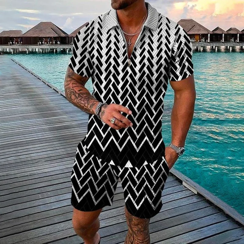 3D Print Nationality Style Men's Short Sleeve Sets Fashion Tee Shorts 2 Piece Outfit Casual Zipper Polo Shirts Summer Loose Suit
