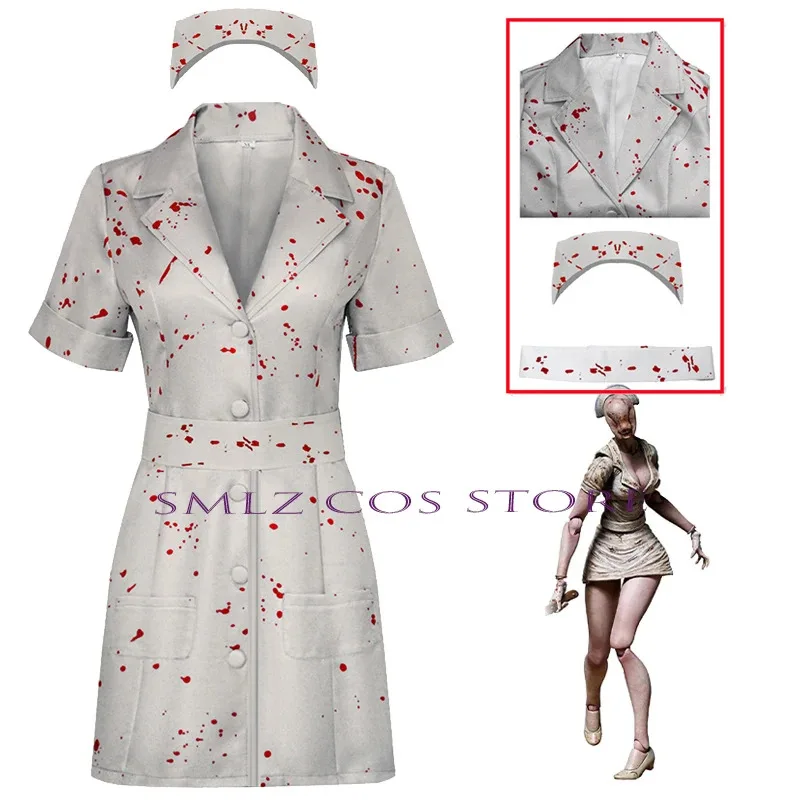 ❤ ❤ 2025 zumbi enfermeira cosplay uniforme anime silent hill 2 traje mancha de sangue vestido chapéu conjunto festa de halloween role play terror novo ★ ☆