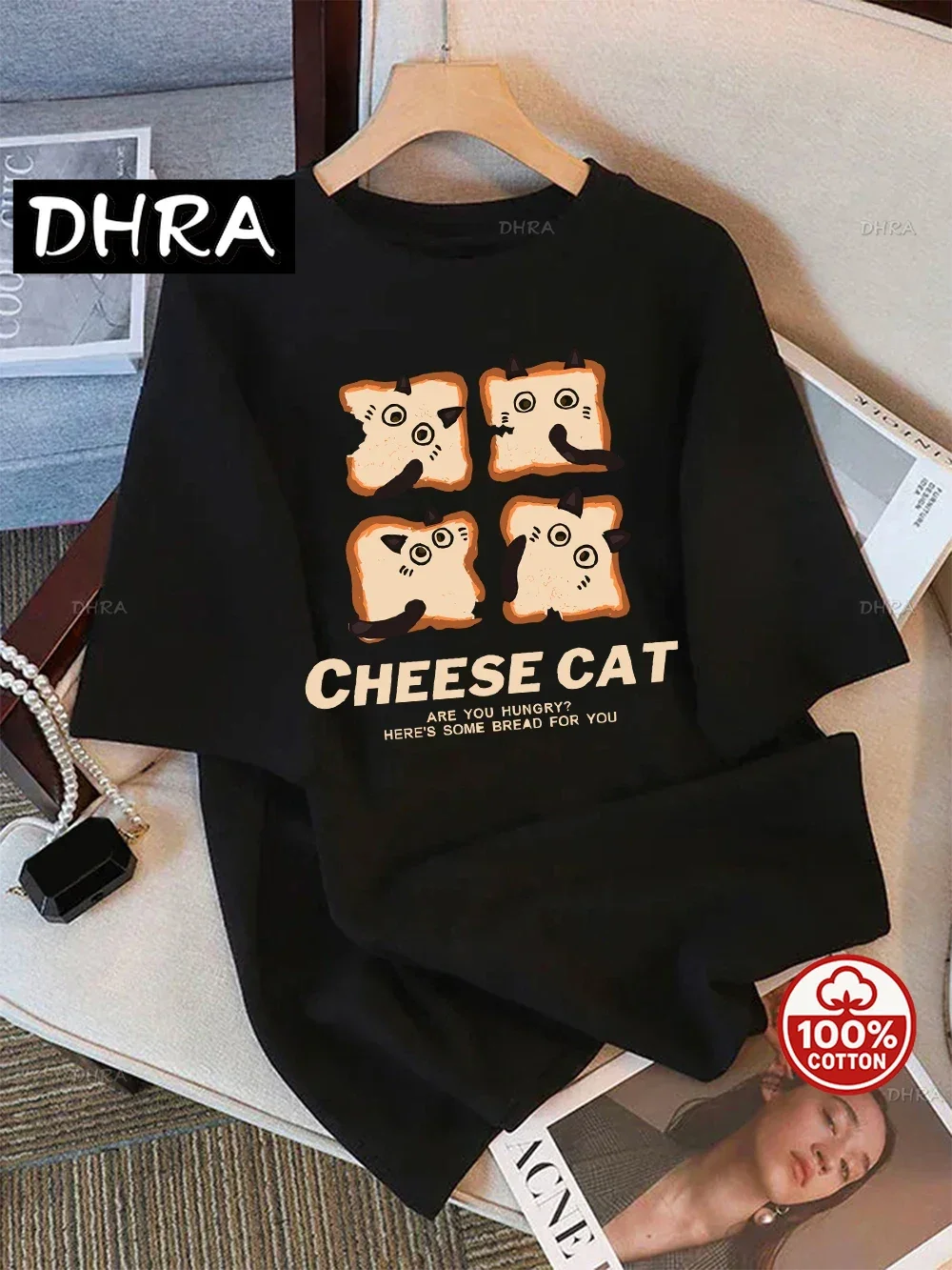 

Women's T-shirt Summer kawaii Cheese Bread Cat Print Short Sleeve Soft Loose Round Neck Top Holiday Casual Women's Wear Y2K Top