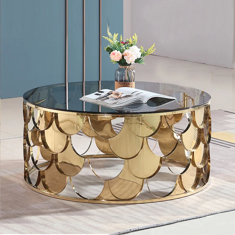 

！@Modern Design Round Glass Coffee Tables Stainless Steel Frame Gold Coffee Table