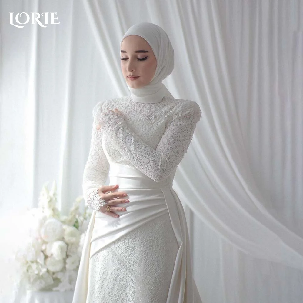 

LORIE Vintage Satin Wedding Dresses High Collar Long Sleeves Button Bridal Gowns Appliques Lace Muslim Bride Dress Customized