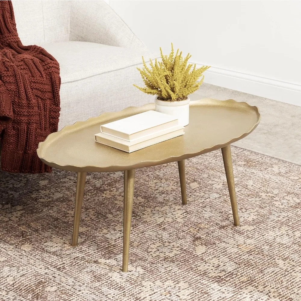 Alessia Oval Coffee Table with Unique Deckled Edge for Living Room Home Decor, 34x20x15, Gold