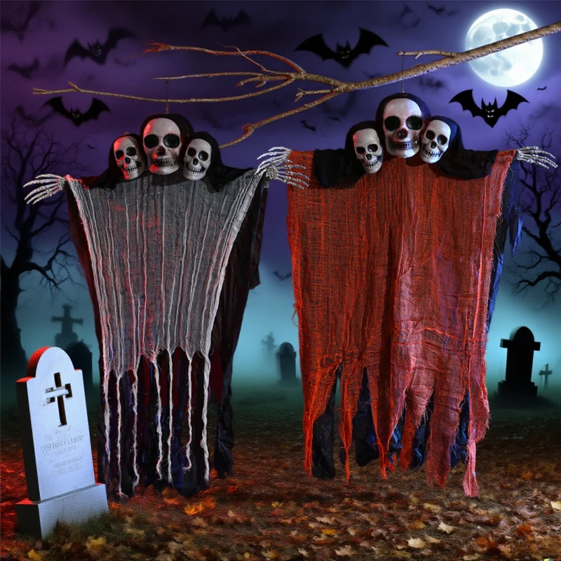 Großer hängender dreiköpfiger Totenkopf-Geist, Halloween-Spukhaus-Dekoration, Gaze-Requisite, gruselige Tür, Horror, hängende Verzierung