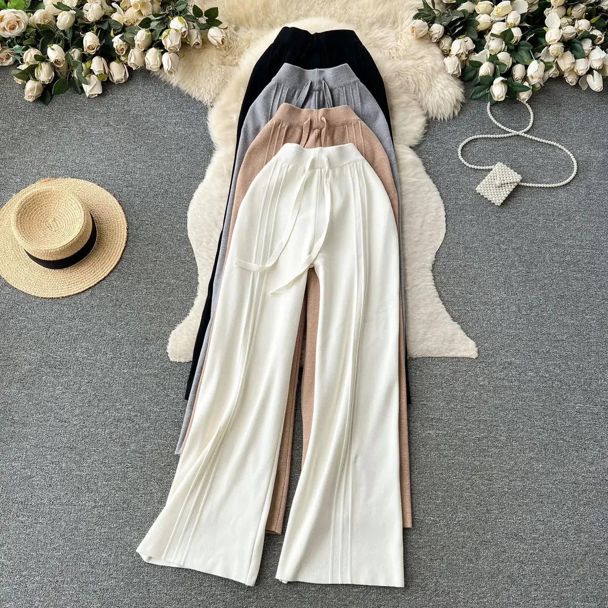 Fashion Long Flare Pants High Waist Drawstring Soft Streetwear 2024 Autumn Women Solid Tassel Irregular Split Trousers