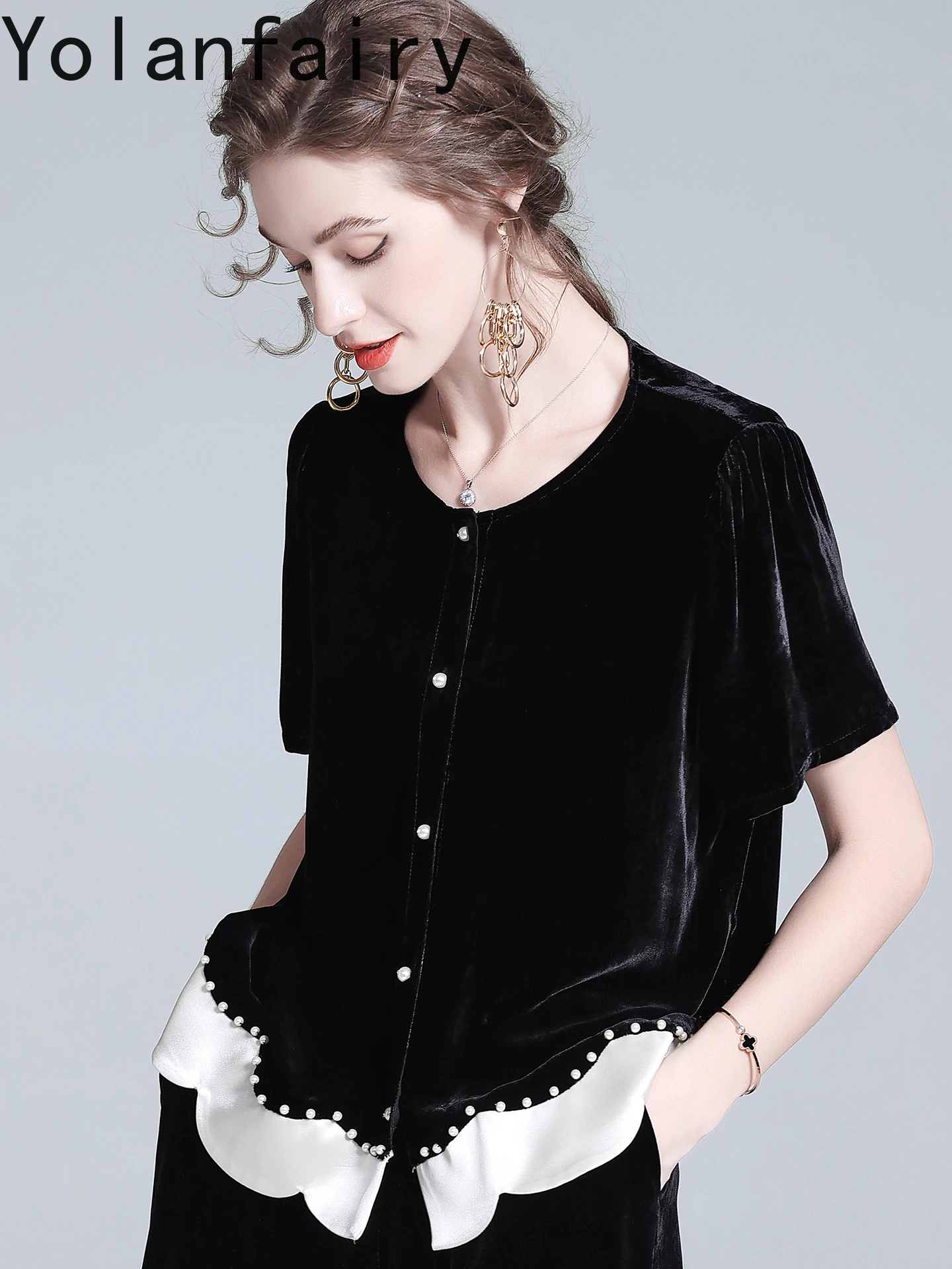YOLANFAIRY Camicie in velluto di seta di gelso reale autunno per le donne T-shirt elegante patchwork di fascia alta Manica corta Camicie nere Donna