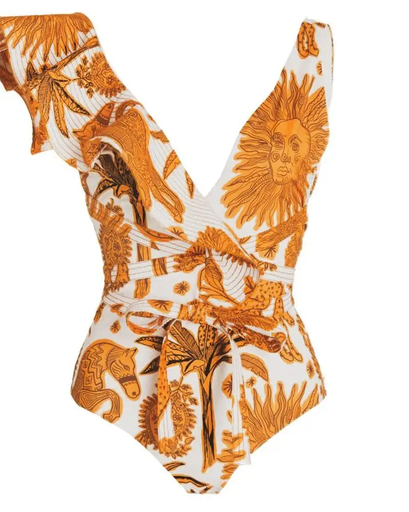 Printed V-Neck Sling Swimsuit Gathered Slim Two-Piece Bikini High Waist Open Back Sexy Elegant Holiday Beachwear