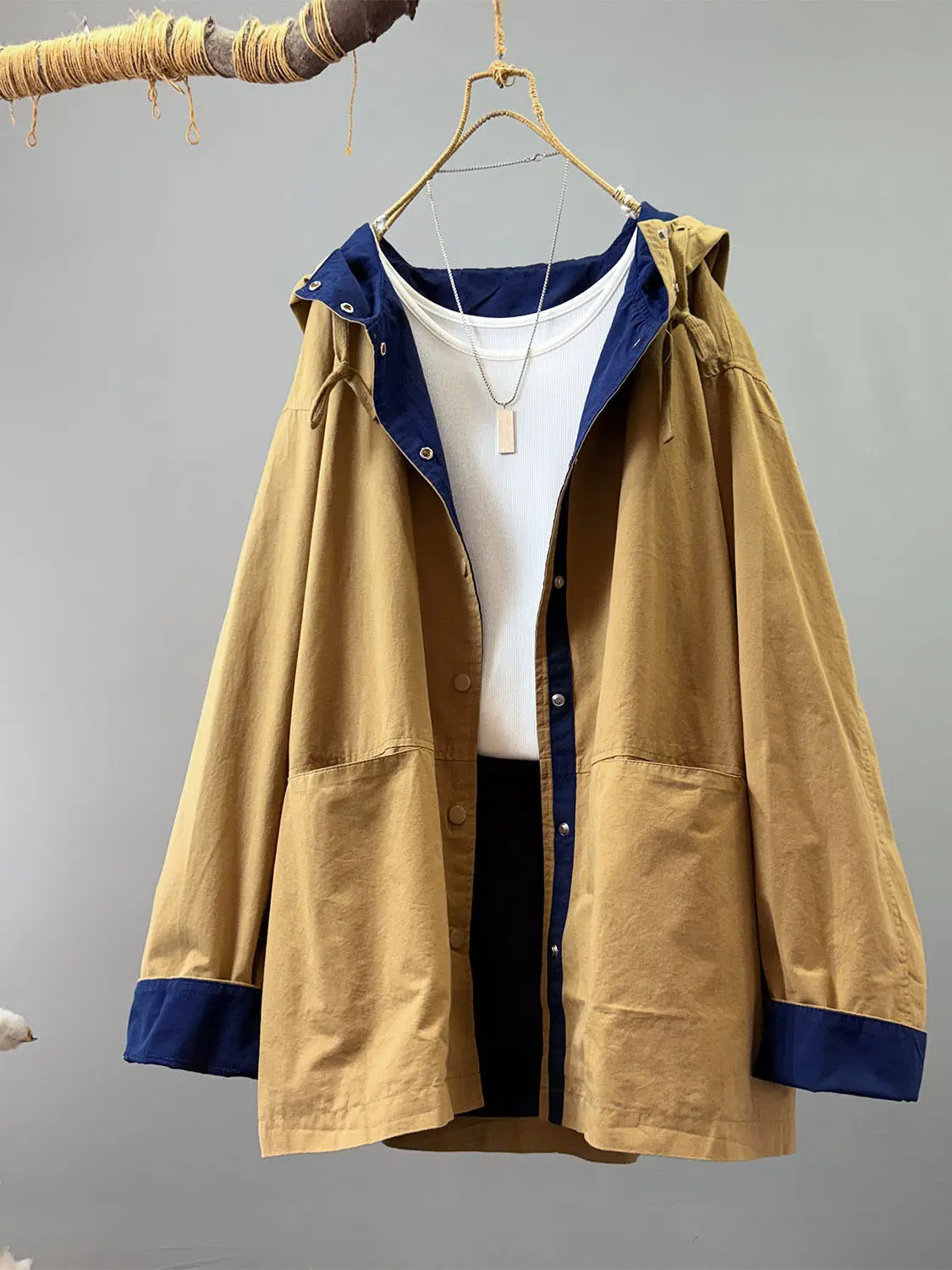 SuperAen Cotton Hooded Single Breasted Loose Mid-length Trench Coat for Women 2026 Autumn New Colorful Cardigan Coats