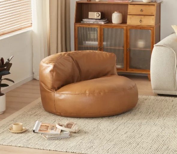 Custom Round Disc Lazy Person's Leather Bean Bag Sofa Single Seater Lounge Chair For Balcony Bedroom