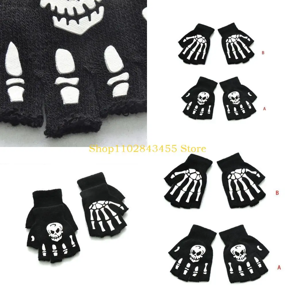 49MC Toddler Kids Halloween Cosplay Skeleton Skull Half Finger Gloves Glow in the Dark Luminous Fingerless Winter Mittens