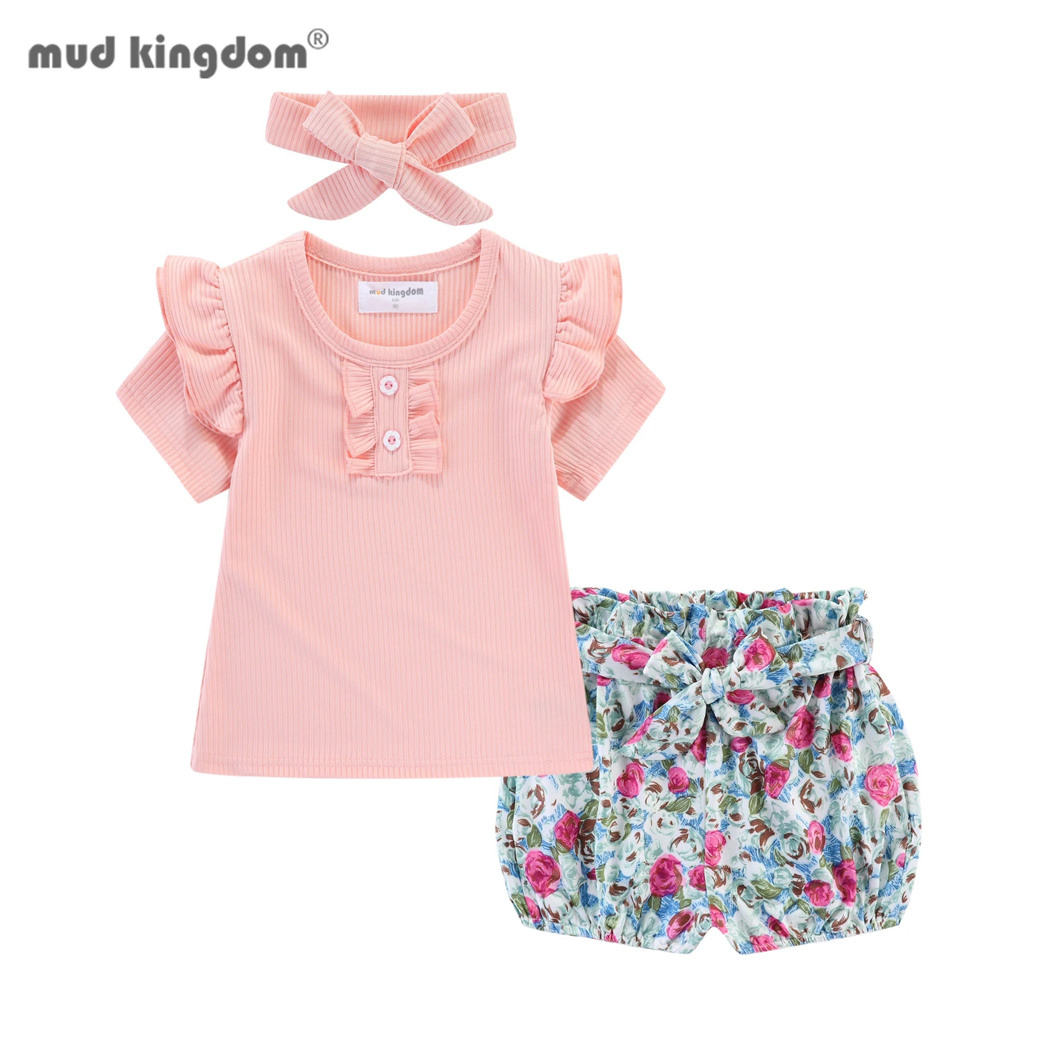 

Mudkingdom Летний детский короткий костюм в рубчик для девочек, топ с повязкой на голову и рюшами, короткий комплект с цветочным принтом для комплекта одежды для маленьких девочек