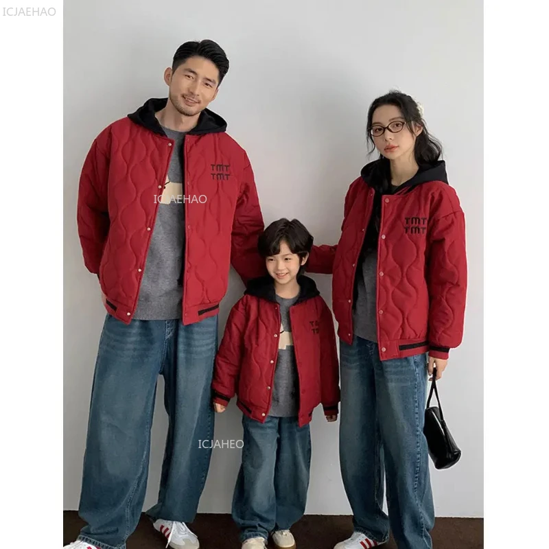 

Family Matching Jackets Red with Hood Mom and Kids 3-4 Persons Warm Cotton Padded Outfit Holiday Winter New Year Coat Clothes