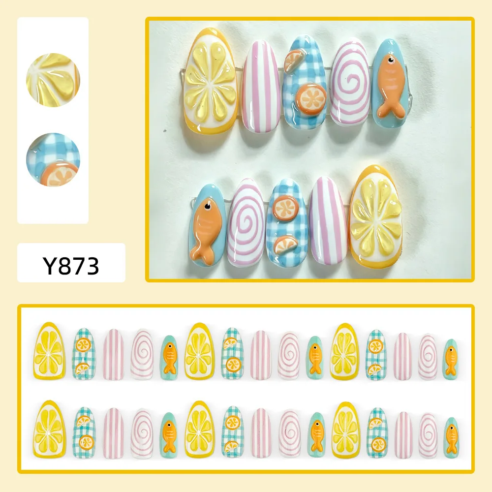 24PCS Cute Summer Fruit Fish Press on Nails Lemon Slice Orange Slice  Cartoon Fish Charms with Pink Stripe Print Design Manicure
