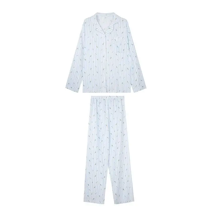 Autumn New Floral Lapel Pajamas Women's Korean Version Blue Striped Long-sleeved Trousers Can Be Worn Outside Loungewear Suit