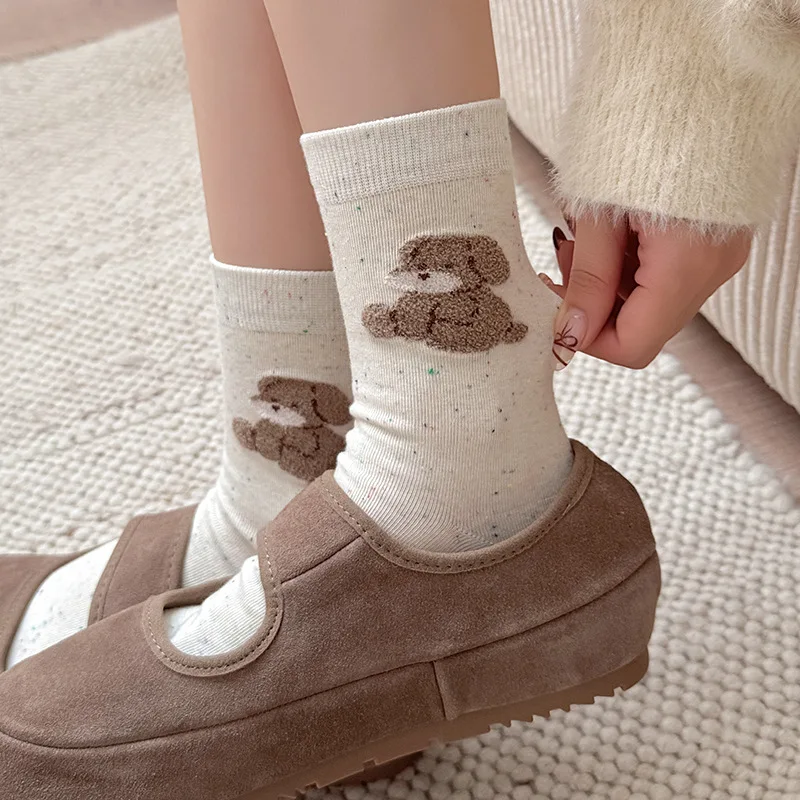 5 pares adorável pelúcia 3d dos desenhos animados urso meias quentes algodão feminino meados de bezerro meias outono inverno meias brancas para meninas de alta qualidade