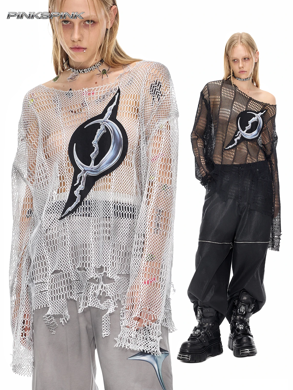 PINKSPINK Original  Moon Distressed Net Light Punk Loose Y3K Long Sleeve T-Shirt New Arrival Women's Fashion Cotton Tee