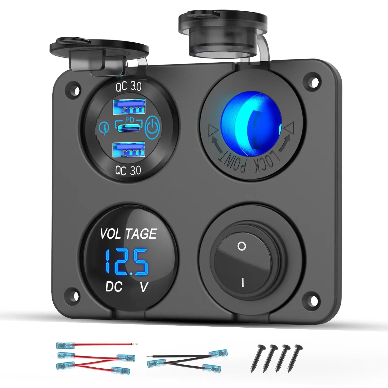 

Панель морского переключателя 12 В, двойной PD30W QC18W USB-порт, алюминиевое зарядное устройство, синий светодиодный кулисный переключатель вольтметра