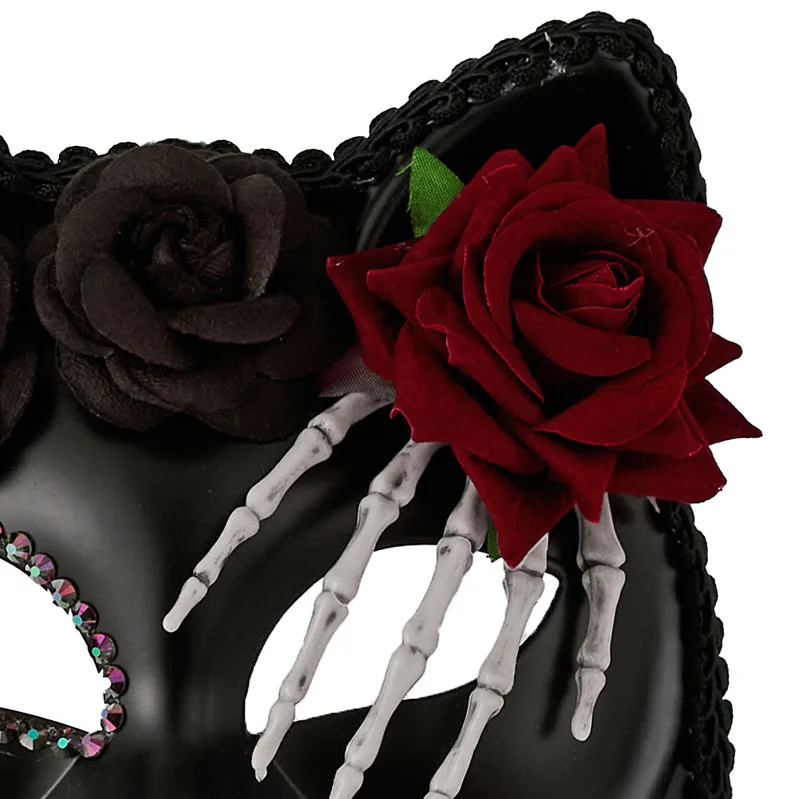 البندقية حفلة تنكرية القوطية الهيكل العظمي اليد الأحمر روز الزخرفية نصف قناع الظلام هالوين القط فتاة الرعاية قناع البلاستيك الأسود