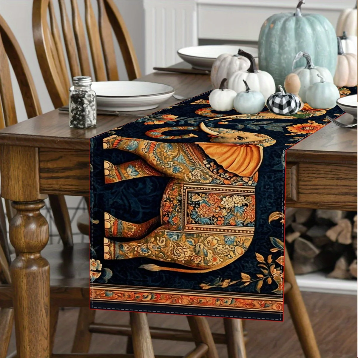Vibrant Indian Elephant Table Runner Bohemian Style Symmetrical Pattern Polyester Fabricfor Elegant Dining Tables Decor