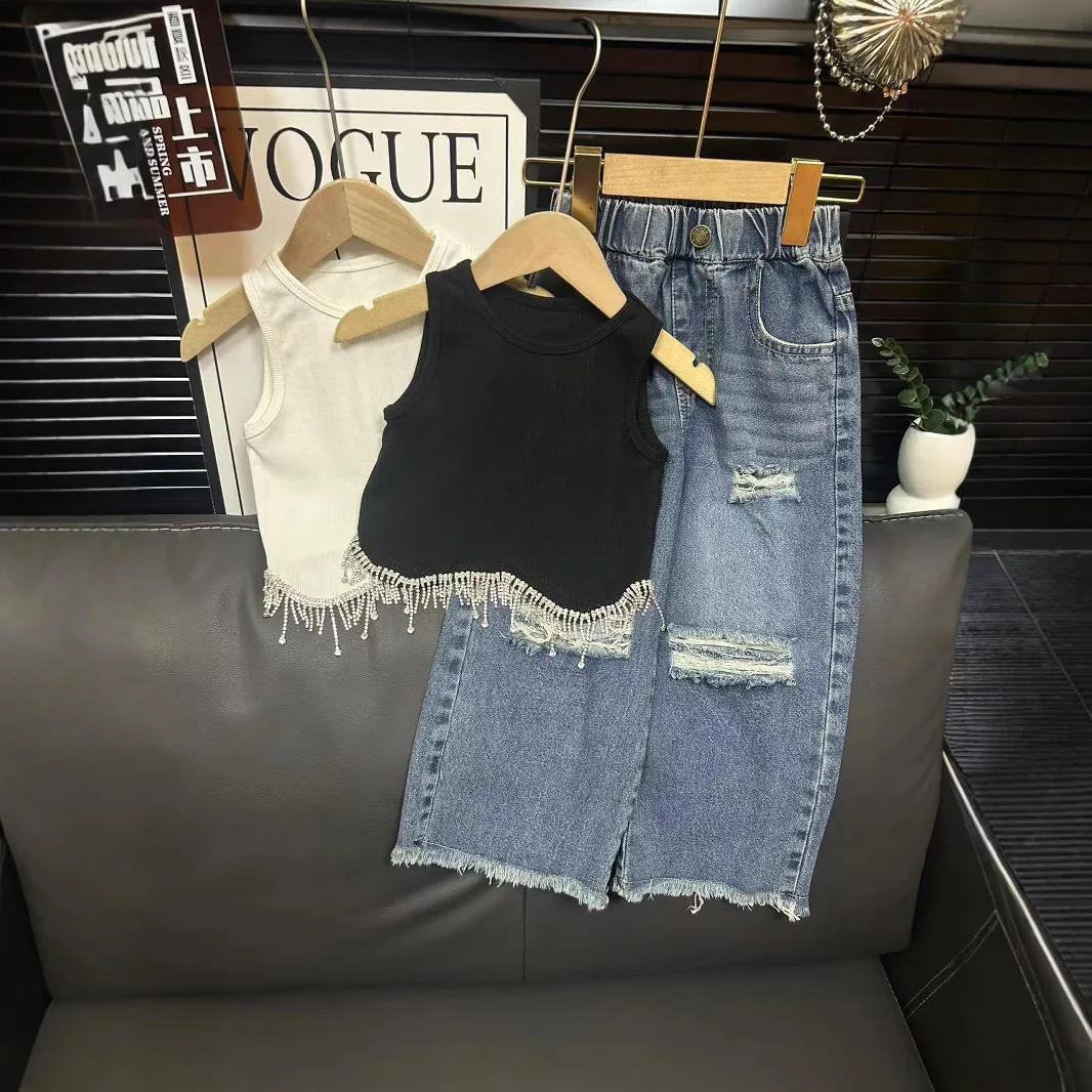 3 4 5 6 7 8 Years Summer Girls Clothing Sets New Fashion Tassel Tops + Denim Wide-leg Pants 2Pcs Outfits Kids Tracksuit Suits