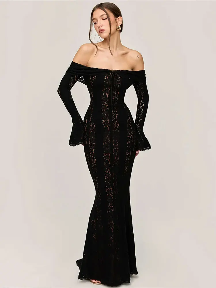 GACVGA Lace Off-shoulder Sexy Maxi Dress Women Strapless Backless Flare Sleeve Bodycon Evening Club Party Long Dress Elegant