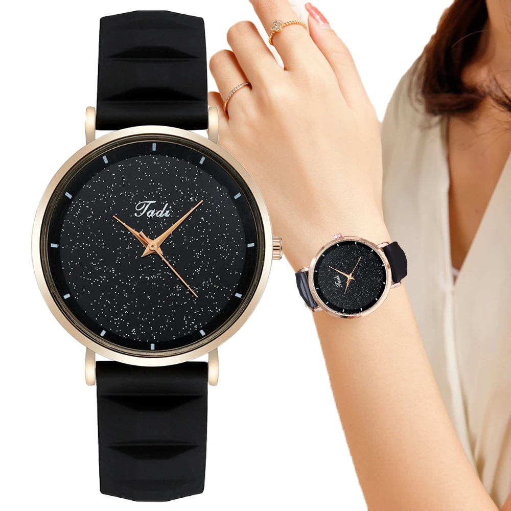 Minimalist Women's Fashion Quartz Watches Black Starry sky Dial Design Ladies Wristwatches Elegant Female Silicone Strap Clock