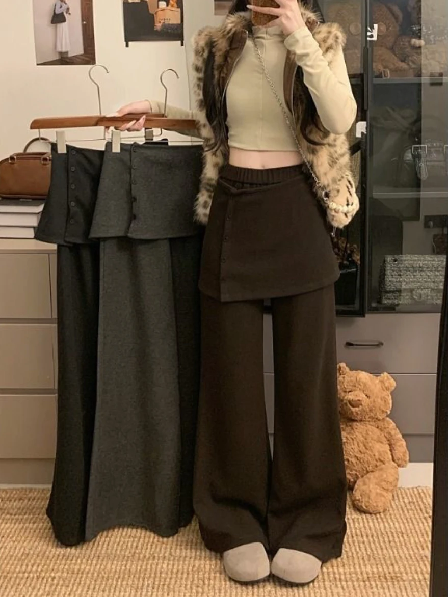 

Женские повседневные брюки с высокой талией, имитация двухслойности, свободные, прямого кроя, в корейском стиле, для работы, однотонные, с эластичным поясом