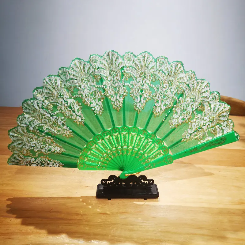 

Oriental Aesthetic Geen Folding Fan With Chinese Traditional Auspicious Cloud Pattern Hand Fan For Dance & Clothing Accessories