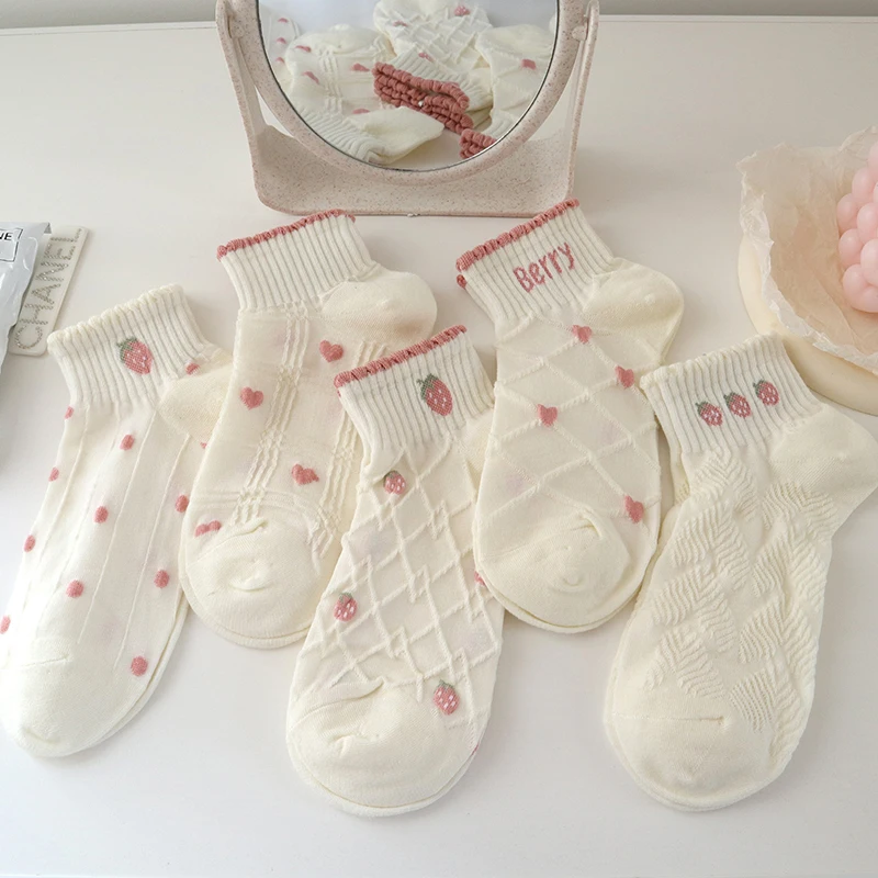 5 Pairs Female Socks Set Pink Strawberry Pattern Sweet Women's Cotton Summer Short Socks Low Tube Kawaii New Fashion Girl Gift