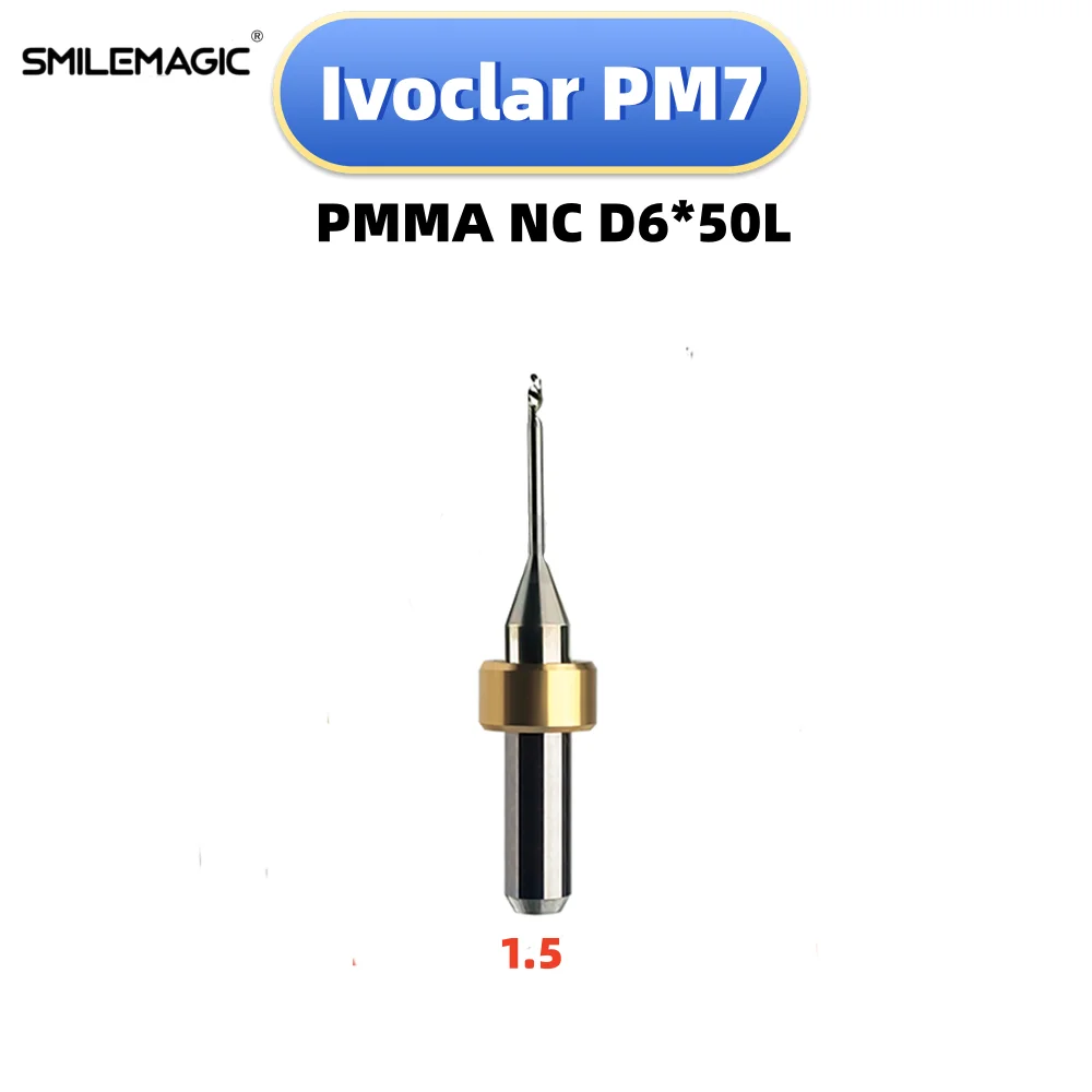 Ivoclar PM7 Dental Milling Burs Grinding PMMA D6 Shank NC Coating 50mm Length 0.5/1.0/1.5/2.5/5.0mm Milling Cutting Drills