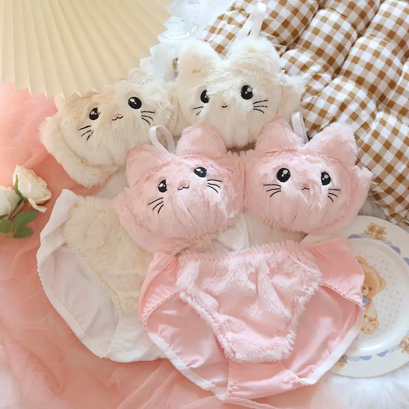 

NEW Japanese Kawaii Plush Women Bra Set Cute Girl Cat Comfortable Bra Set Cartoon Underwear Lovely Soft Student Lingerie Gift