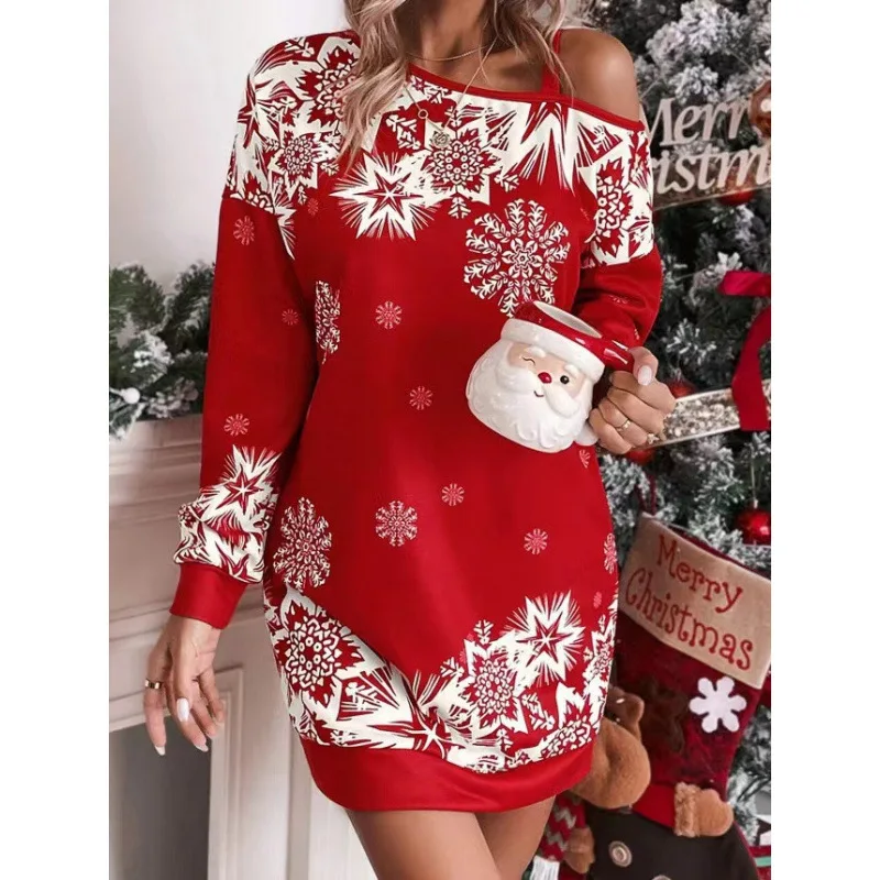 

Christmas Print Women's Dress Long Sleeve Off Shoulder Comfortable Loose Holiday New Year Snowflake Mini Skirt