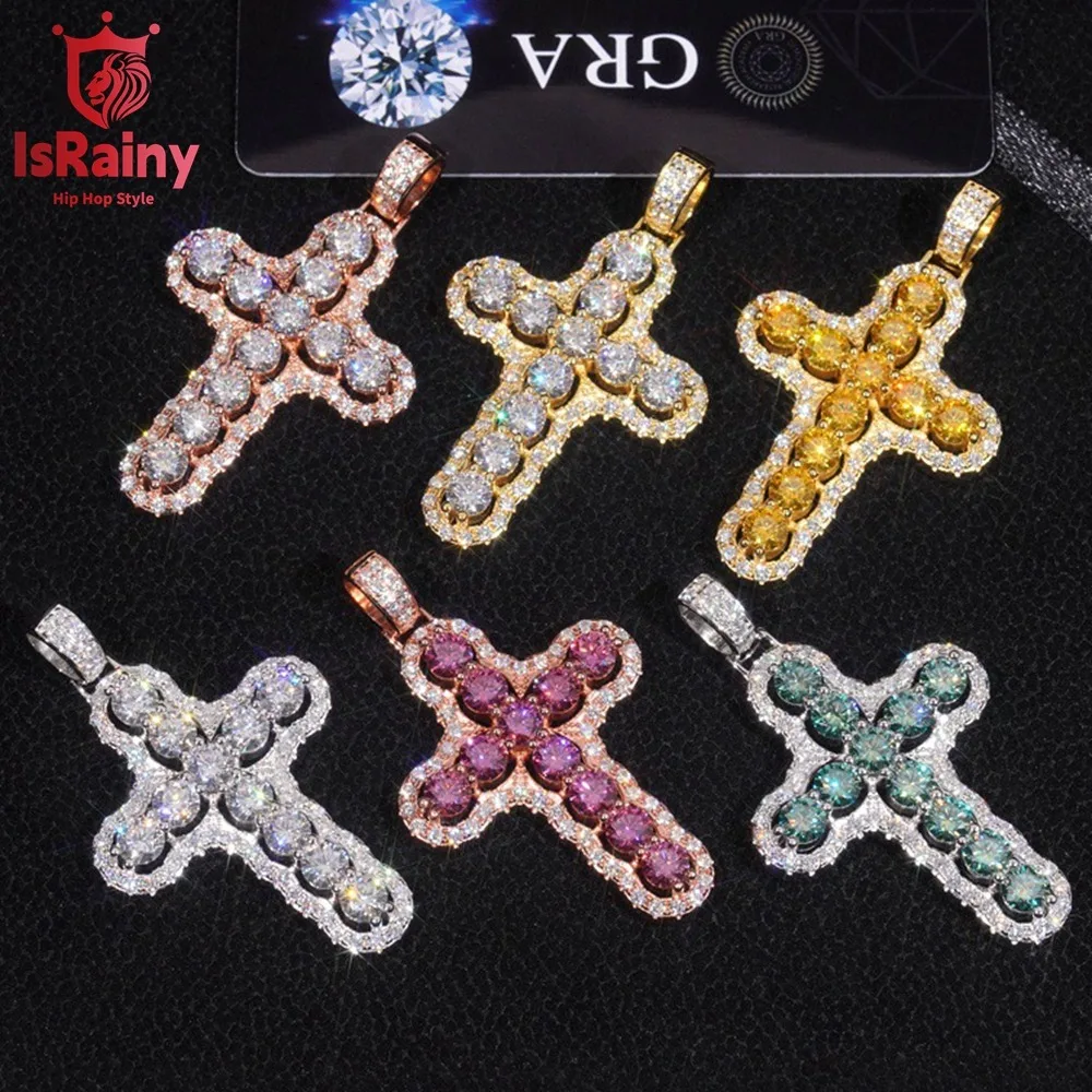 IsRainy 925 Sterling Silver Round D Color Multicolor Moissanite Diamond Cross Pendant For Women Men Anniversary Fine Jewelry