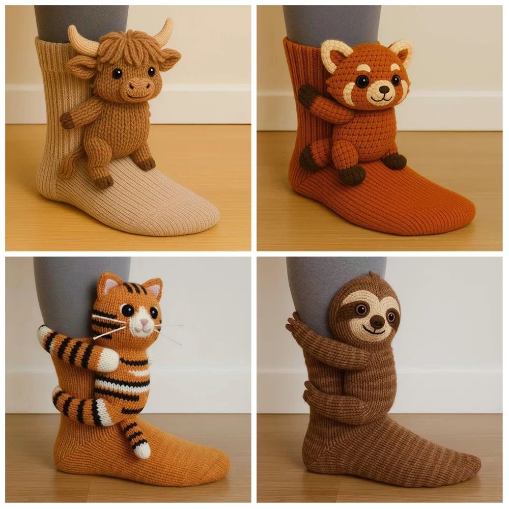 Para skarpetek dzierganych 3D ze zwierzętami, skarpetki z dzianiny, kawaii, urocze, krótkie skarpetki z kreskówkami dla kobiet i dziewcząt, skarpetki domowe, prezent na Boże Narodzenie