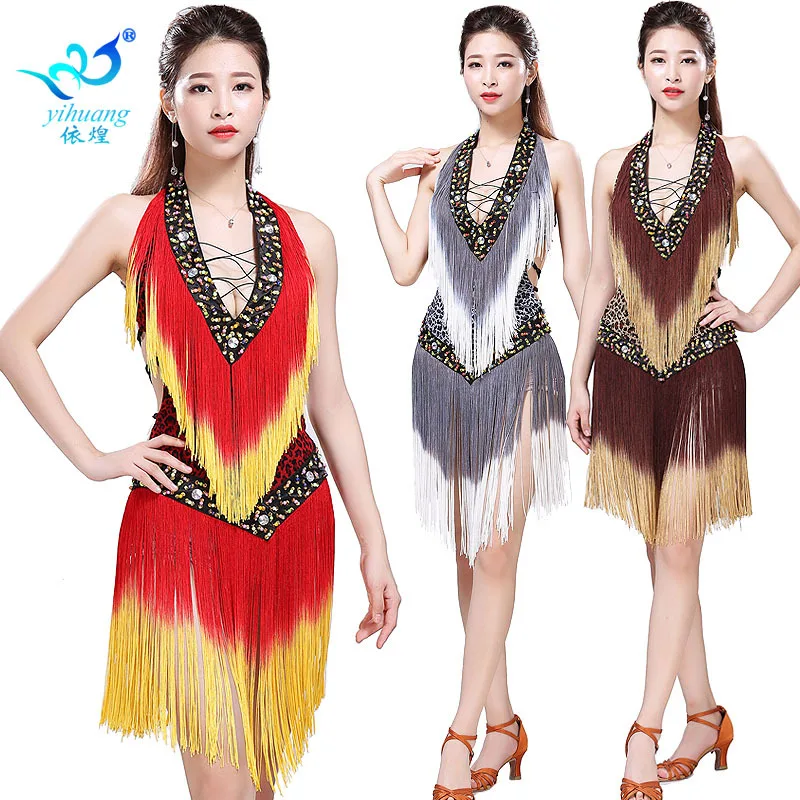 Latin Dance Dress with Gradient Tassel Competition Outfit Sequin Backless Performance Outfit Dance Outfit Latin Stage Dress