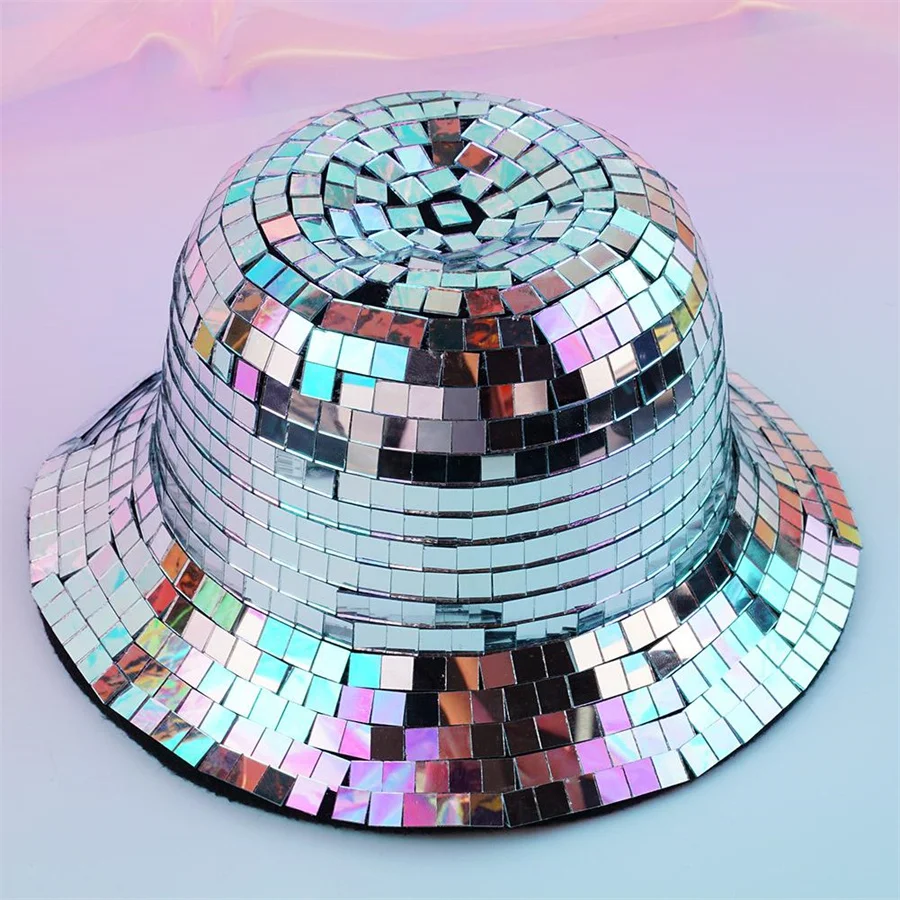 Glitter Mirror Disco Bucket Hat Stunning Disco Ball Hats Glitter Sequins Bucket Hat Cap for Club Stage Bar Party Dance Decor